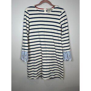 SEA NY Striped Eyelet Long Sleeve Shift Dress Women L Stretch Cotton Scoop Neck